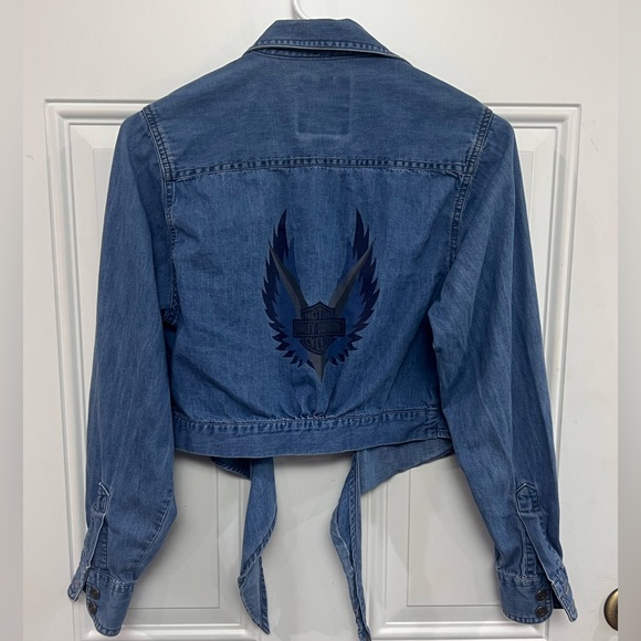Harley-Davidson Biker Blues Womens Chambray Cropped Tie Front Shirt Y2K S - Picture 2 of 12